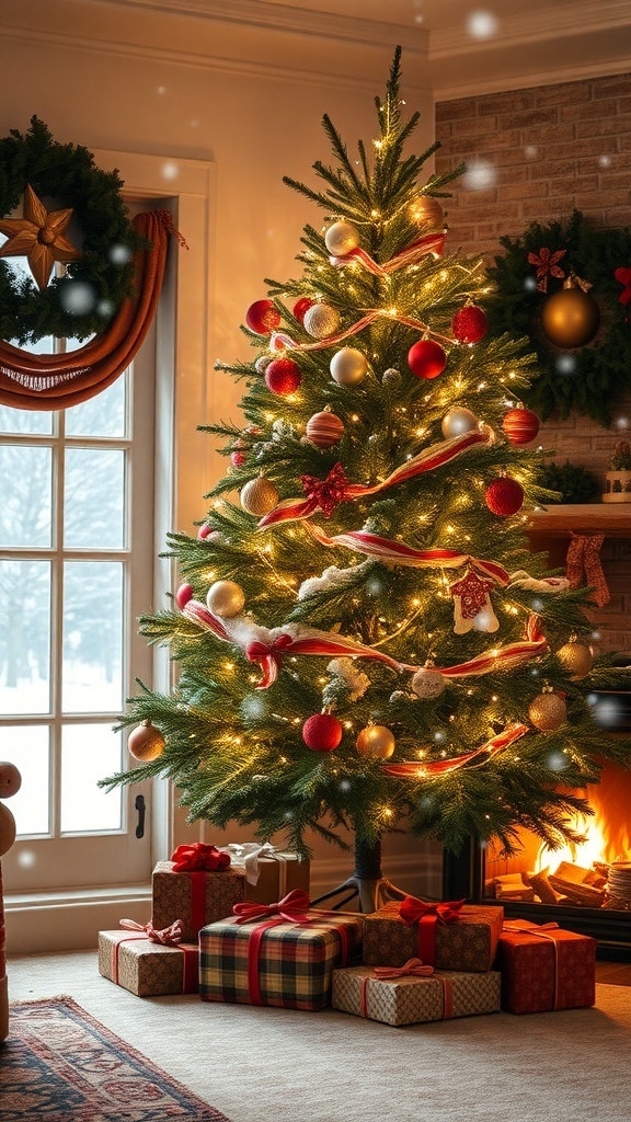 A festive Christmas tree with lights and presents, warm fireplace, and snow outside.